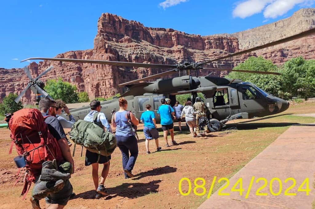 Hikers evacuating Supai, near Havasupai Falls