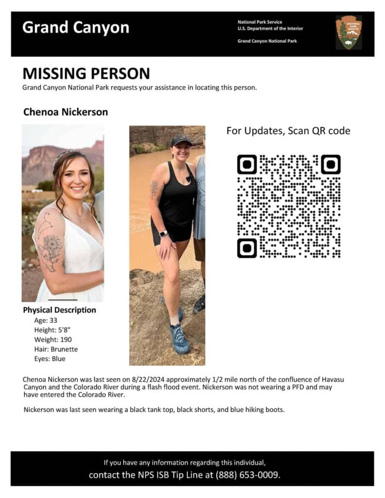 A poster for a woman who went missing in a flood at Havasupai Falls