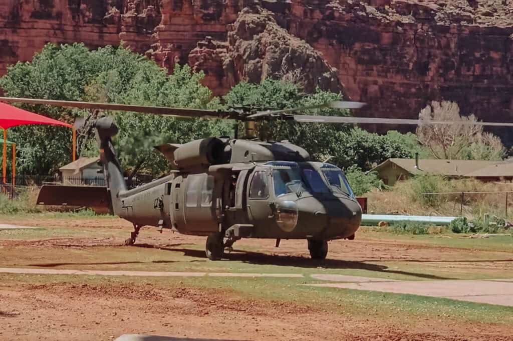 The Arizona National Guard Blackhawk helicopter evacuating hikers at Havasupai Falls