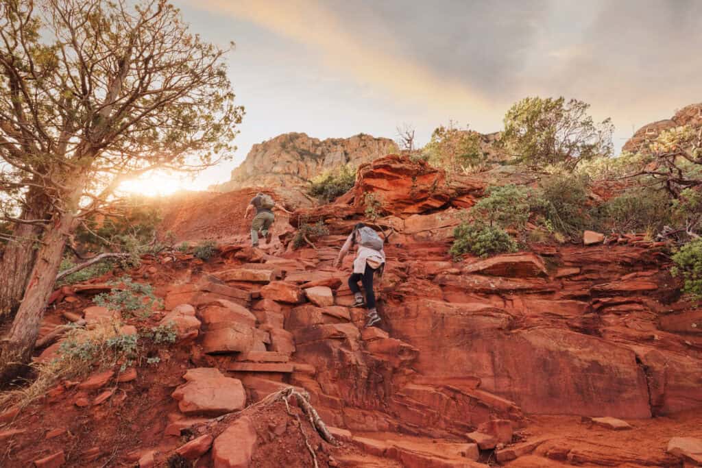 People hiking the trail to Devil's Bridge.