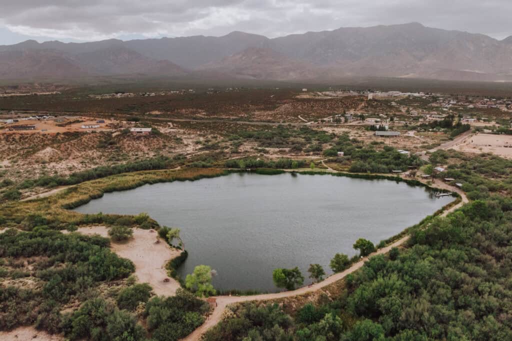 An aerial drone view of Dankworth Pond State Park in Safford, AZ