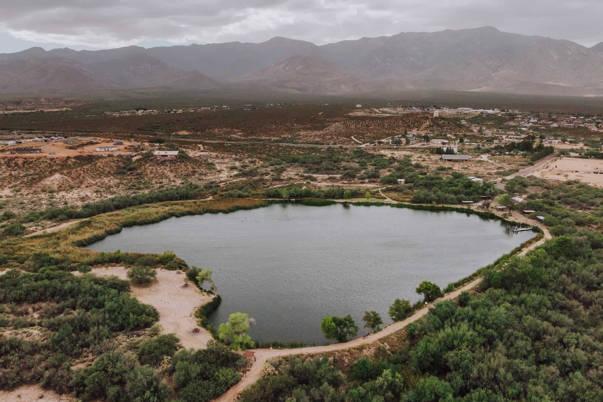 An aerial drone view of Dankworth Pond State Park in Safford, AZ