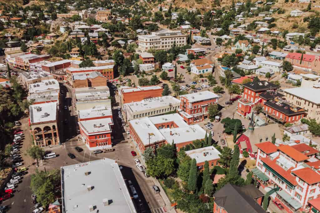 An aerial drone view of Bisbee, Arizona