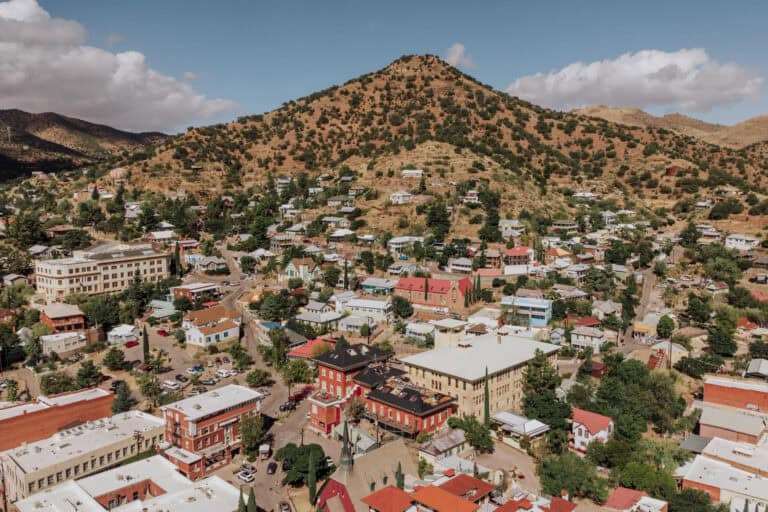 An aerial drone view of Bisbee, Arizona