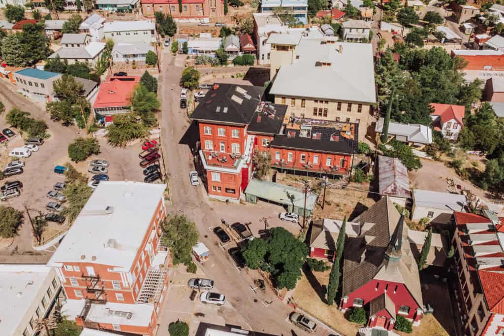 An aerial drone view of the Carrick Hotel in Bisbee