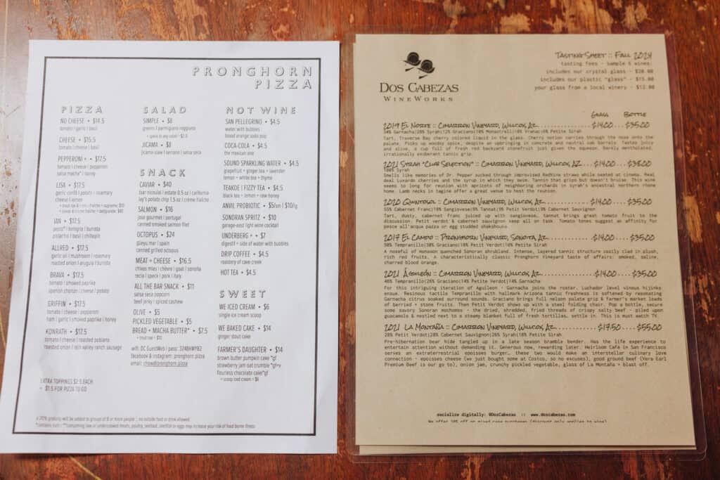 The pizza and wine menu at Dos Cabezas Wineworks