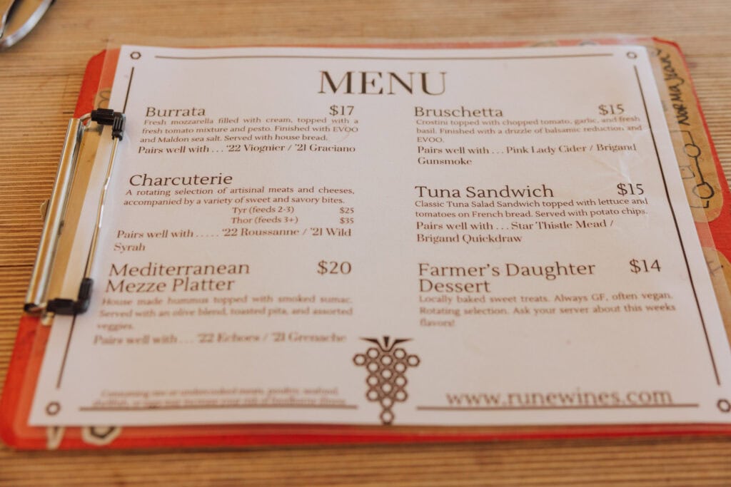 The menu at Rune Wines