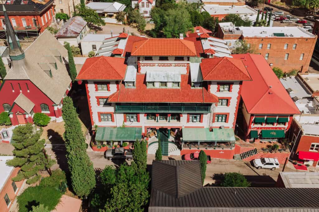 An aerial drone view of the Copper Queen Hotel 