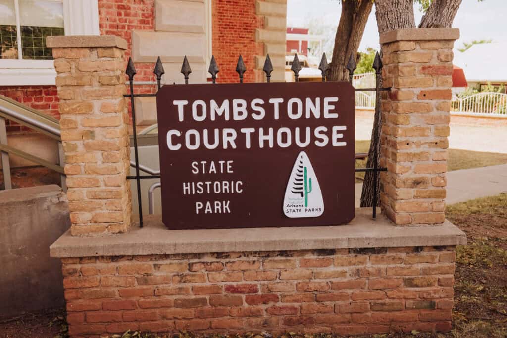 The sign for the Tombstone Courthouse State Historic Park