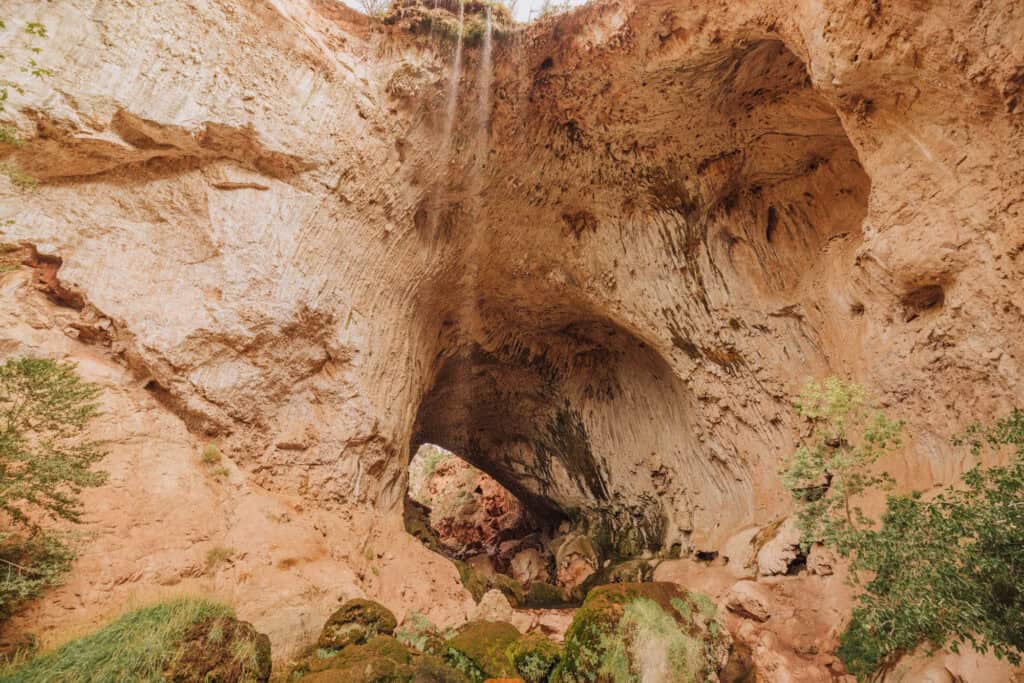 The waterfall coming off the world's largest travertine bridge, at Tonto Natural Bridge State Park in Arizona