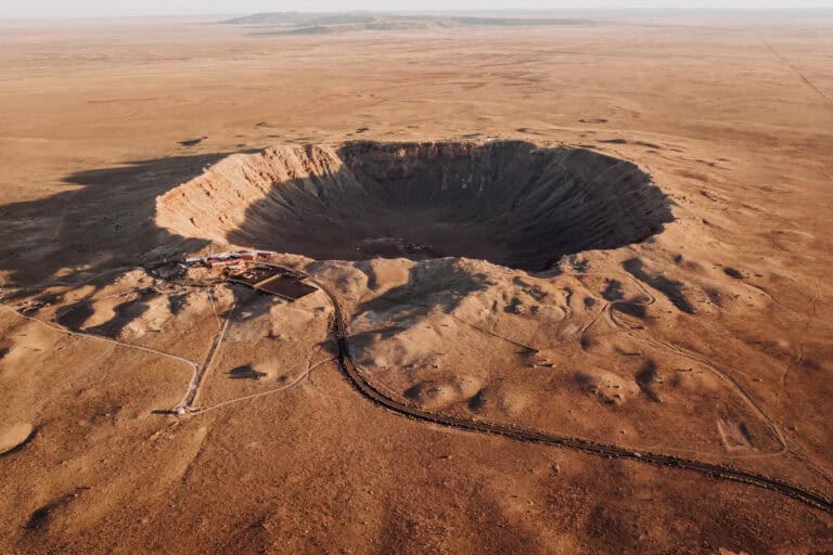 An aerial drone view of Meteor Crater in Northern Arizona