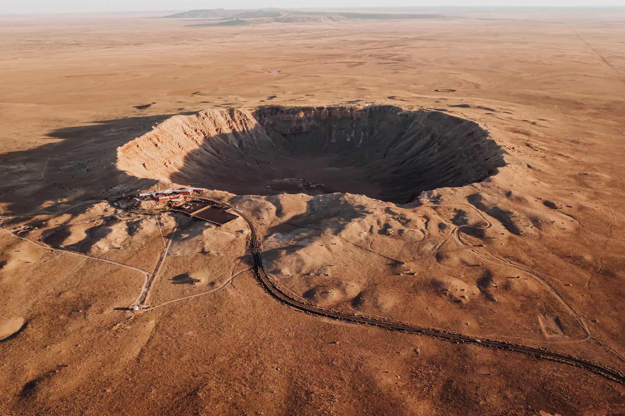 An aerial drone view of Meteor Crater in Northern Arizona