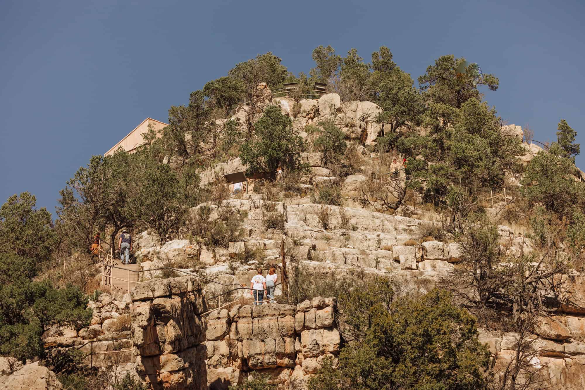 Looking up at the steep hiking trail in Walnut Canyon