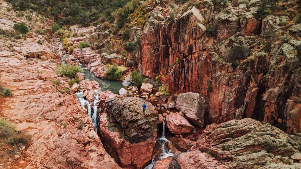 An aerial drone view of Water Wheel Falls in Arizona