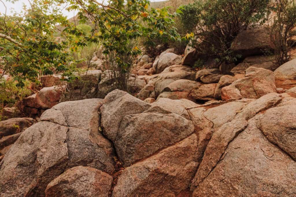 The rocks and boulders you'll hike over on the way to Water Wheel Falls