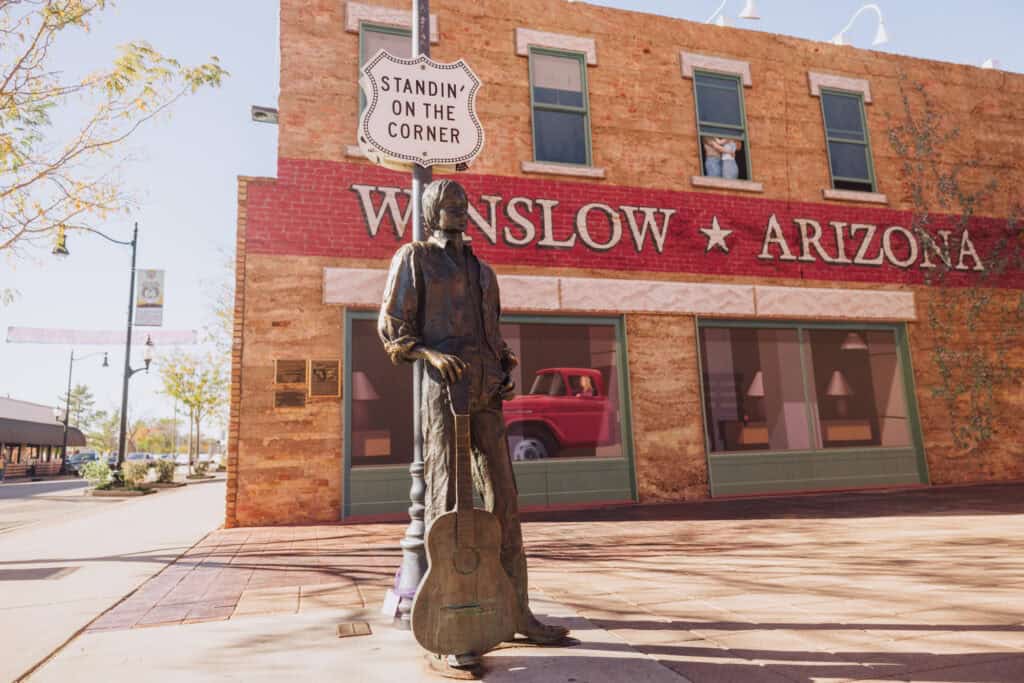 Visiting Standin on the Corner Park on a day trip from Phoenix to Winslow Arizona