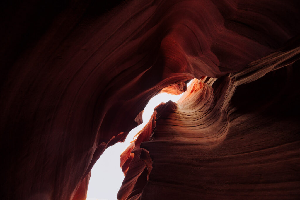 Looking up at the sky from inside Antelope Canyon