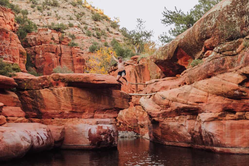 Cliff jumping at the crack at Wet Beaver Creek in Arizona
