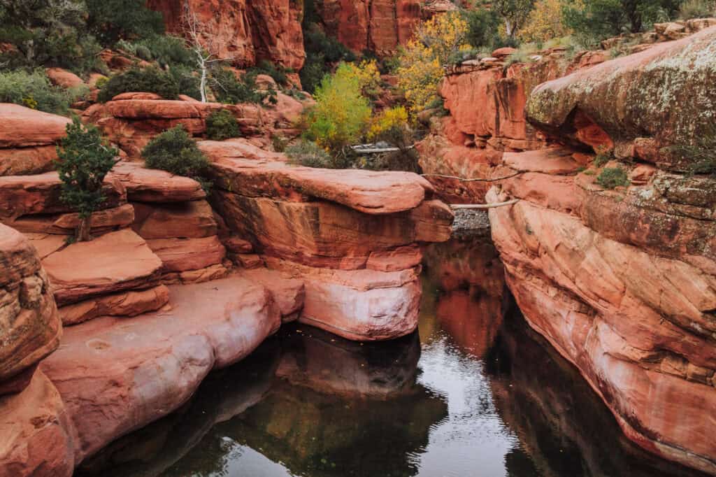 The rocks people jump off at the crack along Wet Beaver Creek in AZ