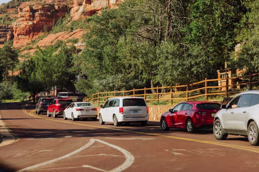 Cars lined up to park at Slide Rock